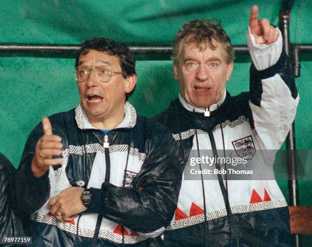 11th December 1990, "B" International in Algiers, Algeria 0 v England 0, Animated expressions from England Manager Graham Taylor on the bench with...