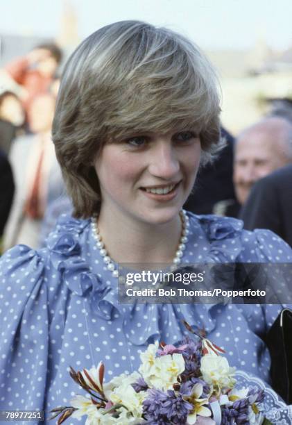 British Royalty, Scilly Islands, England, Circa 1981, Princess Diana holding a bouquet of flowers