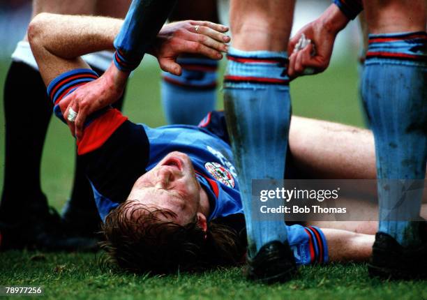 Football, F.A. Cup Semi-final, 5th, April 1986, White Hart Lane, Tottenham, Liverpool 2 v Southampton 0 , Southampton's defender Mark Wright lays in...