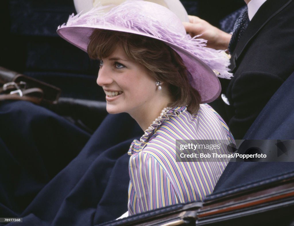 British Royalty. Horse Racing. Royal Ascot, England June 1981. Lady Diana Spencer wearing a purple hat.