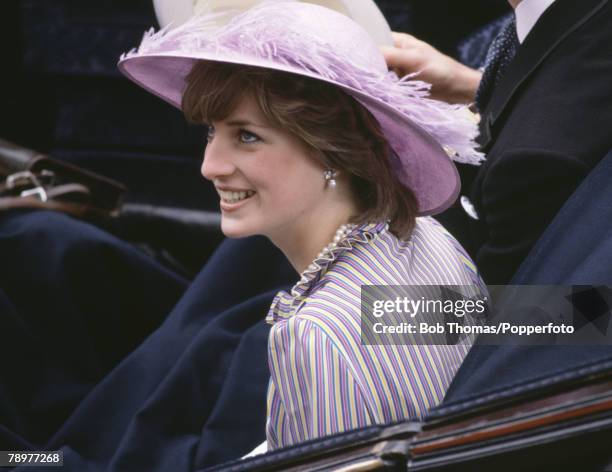 British Royalty, Horse Racing, Royal Ascot, England June 1981, Lady Diana Spencer wearing a purple hat