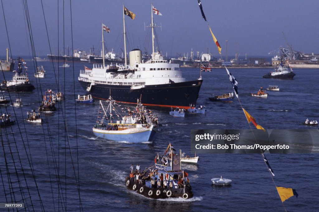 British Royalty. Cairo, Egypt. August 1981. Prince Charles and Princess Diana arrive in the Royal Yacht Brittania. They enter the port of Cairo as part of their honeymoon cruising the Mediterranean Sea.