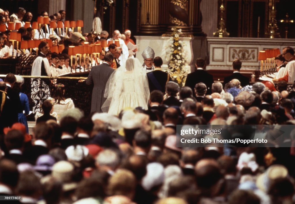 British Royalty. St Pauls Cathedral, London England. 29th July 1981. The wedding of Prince Charles to Lady Diana Spencer with the hugh congregation watching.