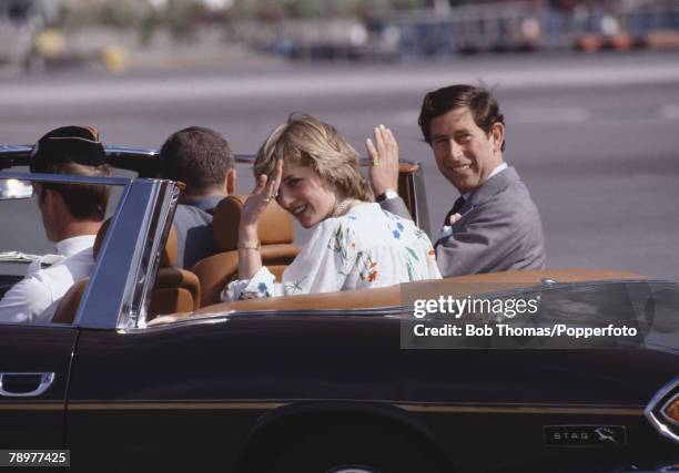 British Royalty, Gibraltar, 1st August 1981, Royal Honeymoon, Prince Charles and Princess Diana wave as they drive away in an open top car