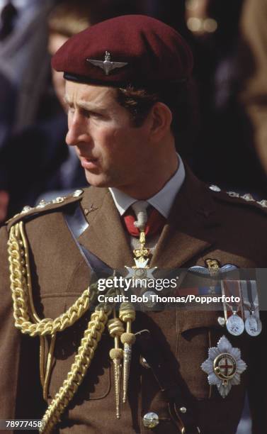 British Royalty, Aldershot, England Prince Charles wearing the army uniform of the Parachute Regiment visiting their barracks in Surrey