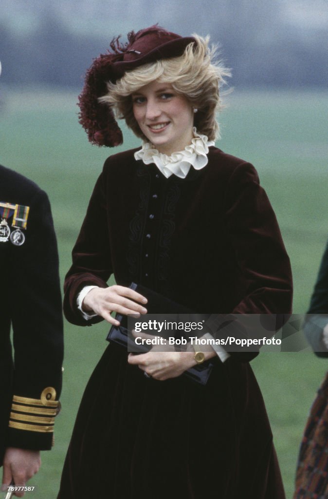 British Royalty. Birmingham, England. December 1982. Princess Diana wearing a dark purple coat and hat arrives in the city.