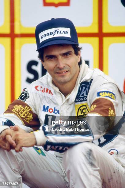 Brazilian racing driver Nelson Piquet, driver of the 2nd placed Canon Williams Team Williams FW11B Honda V6t pictured during the 1987 British Grand...
