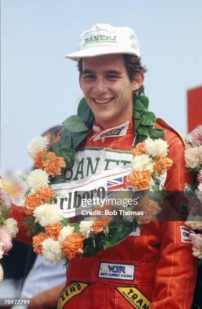 Brazilian Formula Three motor racing driver Ayrton Senna of West Surrey Racing pictured after winning the Formula Three race 13 at Silverstone...