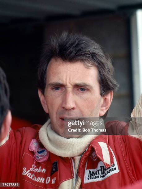 British racing driver John Watson, driver of the Marlboro McLaren International McLaren MP4 Ford Cosworth DFV 3.0 V8 pictured during the 1981 British...