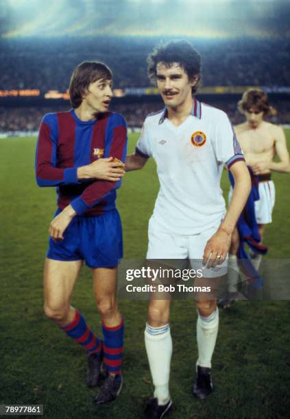 15th March 1978, UEFA, Cup Quarter Final 2nd Leg, Barcelona 2 v Aston Villa 1, , Aston Villa's John Gregory, right, with Barcelona captain Johan...