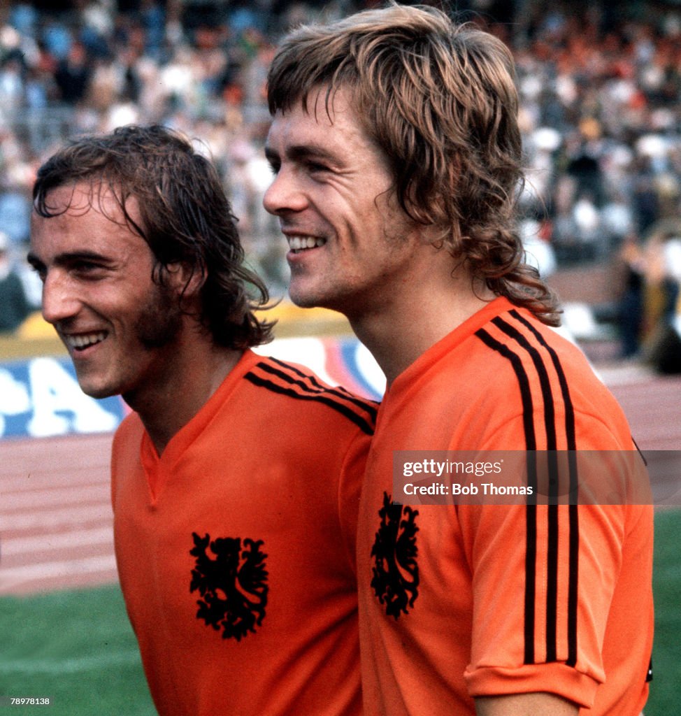 Football. 1974 World Cup Finals. 15th June 1974. Hannover, Germany. Holland 2 v Uruguay 0. Holland's stars Johan Neeskens (left) and Johnny Rep, the scorer of both goals, after the game.