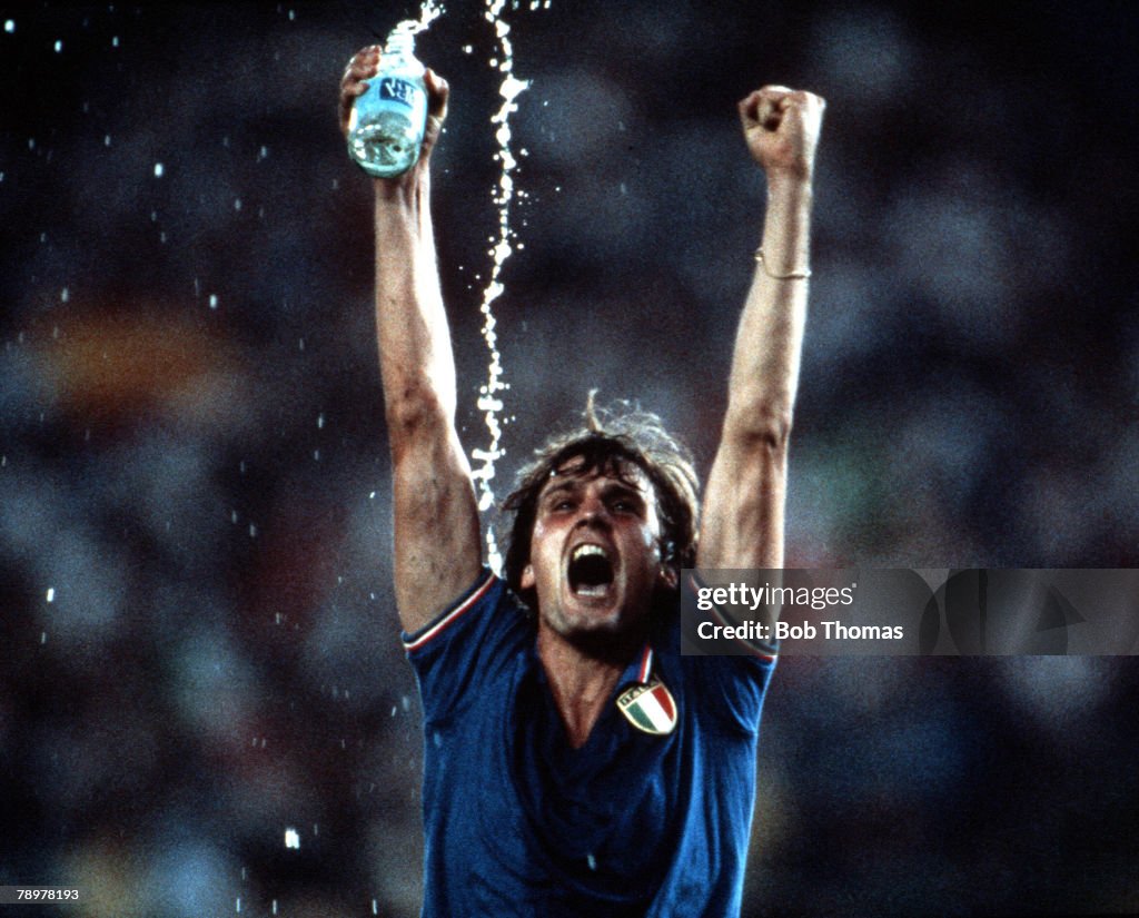 Football. 11th July 1982. Bernabeu Stadium, Madrid, Spain. 1982 World Cup Final. Italy 3 v West Germany 1. Italy's Marco Tardelli celebrates the teams victory.