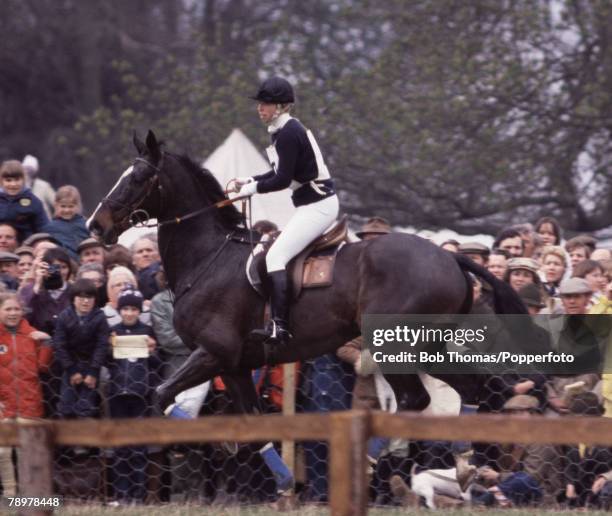 British Royalty, Badminton, England, Circa 1976, Princess Anne riding her horse "Goodwill" during the Badminton Horse Trials