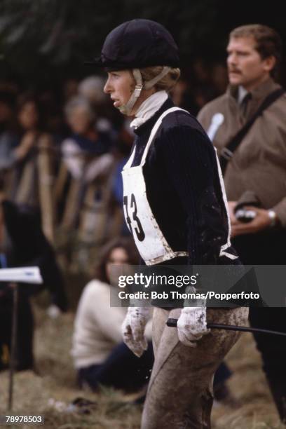 British Royalty, Burghley Horse Trials,, England Princess Anne, wet and covered in mud, after falling from her horse 'Stevie B' at the water fence...