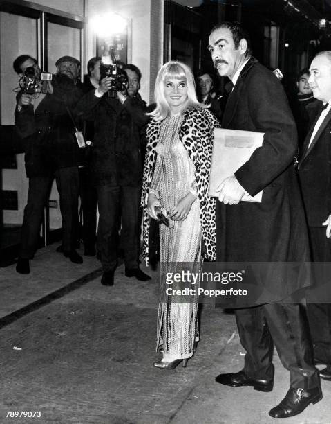 12th December 1968, Actor Sean Connery arriving at the Leicester Square Theatre in London last night with his wife Diane Cilento, for the premiere of...