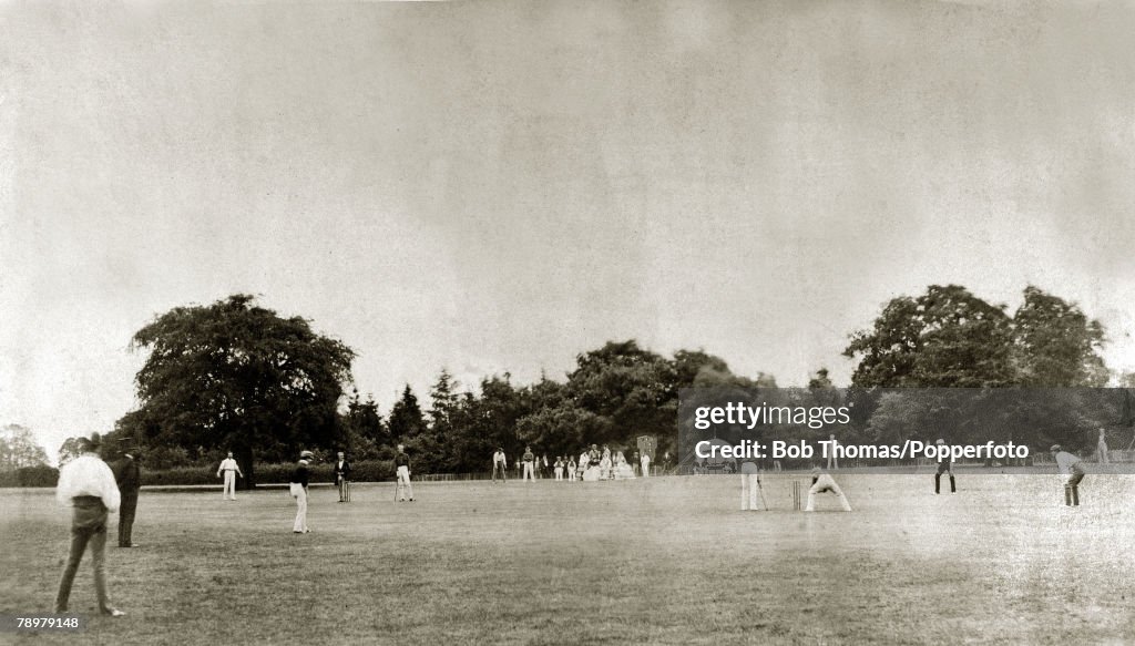 Sport. Cricket. pic: 25th July 1857. This image shows a cricket match between the Royal Artillery and the Hunsdonbury Club at Hunsdonbury. This picture taken by Roger Fenton is historic, as being the earliest recorded action cricket photograph.