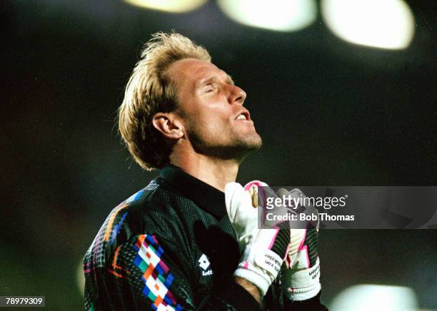 22nd June 1992, European Championship Final in Gothenburg, Denmark beat Holland 5-4 on penalties, Holland goalkeeper Hans Van Breukelen after going...