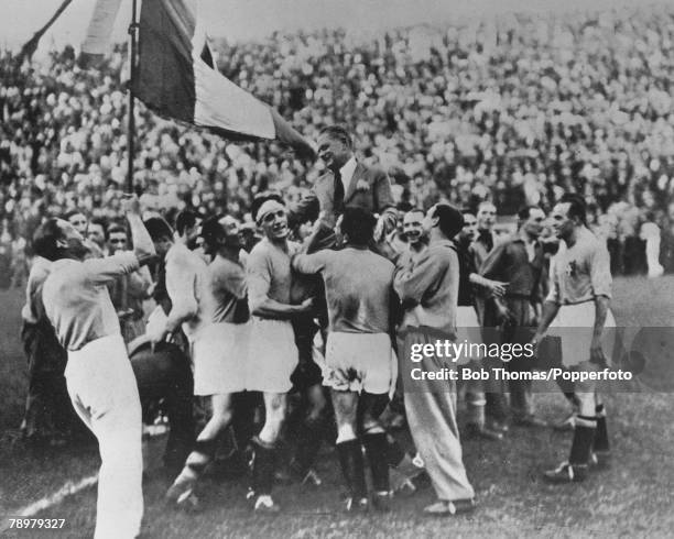 World Cup Final, Rome, Italy, Italy 2 v Czechoslovakia 1, 10th June The victorious Italian team carry their coach Vittorio Pozzo as they celebrate an...