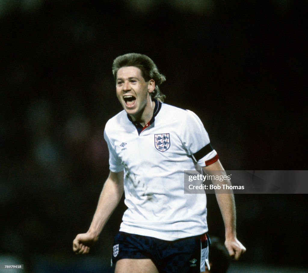 Sport. Football. pic: 26th April 1989. World Cup Qualifier at Wembley. England 5 v Albania 0. England's Chris Waddle celebrates after scoring the 4th goal. Chris Waddle won 62 England international caps between 1985-1992.