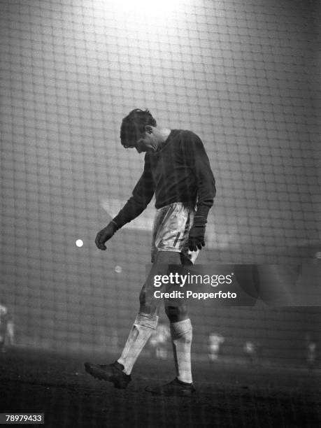 Circa 1968, Division 1, Manchester United v West Bromwich Albion at Old Trafford, West Bromwich Albion goalkeeper John Osborne despairs after...