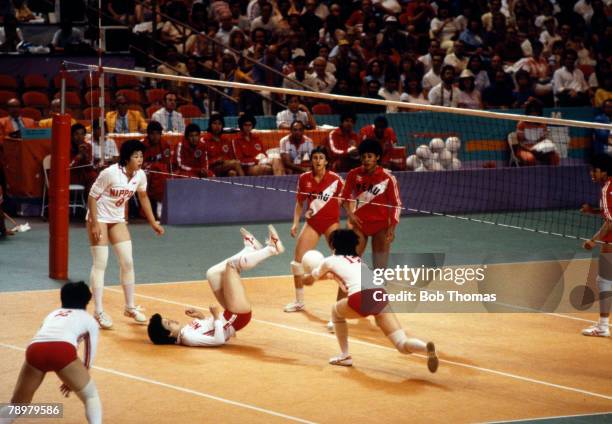 Japan play Peru in the 3rd place play-off of the Women's volleyball event at the Long Beach Arena during the 1984 Summer Olympics in Los Angeles on...