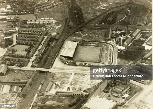Sport, Football, Manchester, England An aerial view of Manchester United's Old Trafford stadium, showing the surrounding houses, railway tracks and...