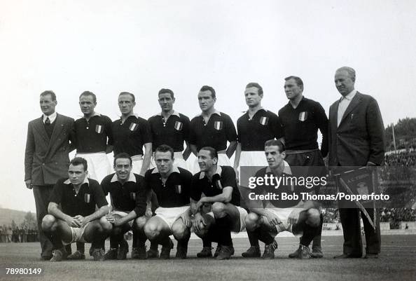 Sport. Football. pic: 3rd May 1949. Lisbon. Friendly. Benfica v Torino. The Torino team line-up before the match. Back row, left-right, Lievesley (trainer), Castigliano, Ballarin, Rigamonti, Lloik, Mazzola, Bacigalupo and team manager Ernesto Egri. Front, Sport. Football. pic: 3rd May 1949. Lisbon. Friendly. Benfica v Torino. The Torino team line-up before the match. Back row, left-right, Lievesley (trainer), Castigliano, Ballarin, Rigamonti, Lloik, Mazzola, Bacigalupo and team manager Ernesto Egri. Front,