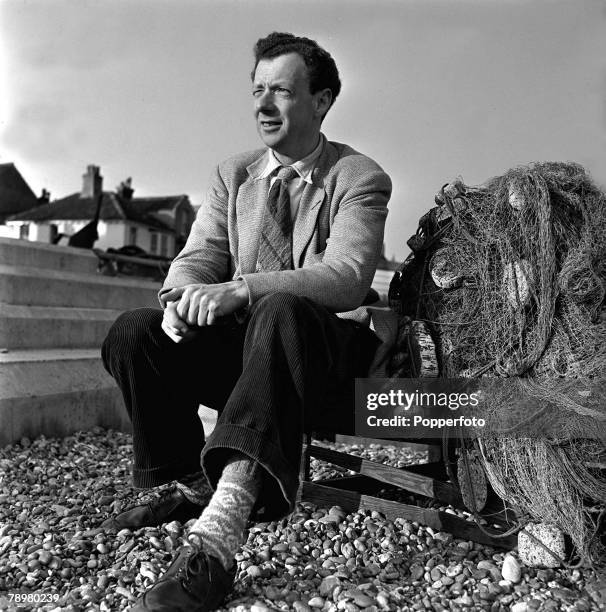 England, A portrait of British composer, pianist and conductor Benjamin Britten taken on the beach at Aldburgh, Suffolk in 1951