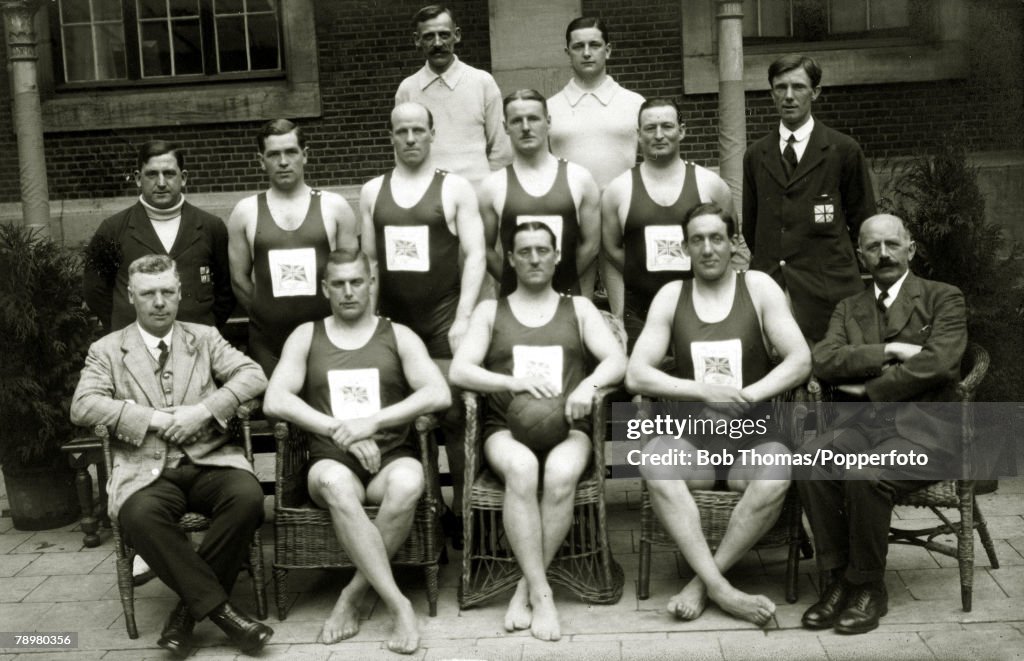 Sport. 1920 Olympic Games in Antwerp, Belgium. pic: 1920. The Great Britain and Ireland team and officials the Gold medal winners. The team was Charles Smith, Noel Purcell, Christopher Jones, Charles Bugbee, William Dean, Paul Radmilovic and William Peaco