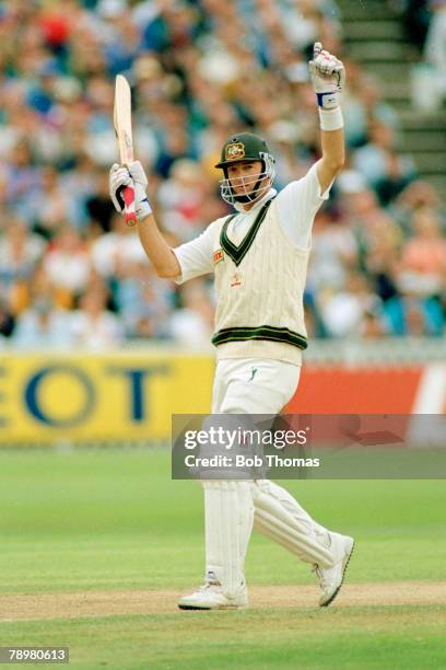 August 1993, 5th Test Match, Australia beat England, Australia's Mark Waugh celebrates after reaching 100 runs, Mark Waugh played in 128 Test matches...