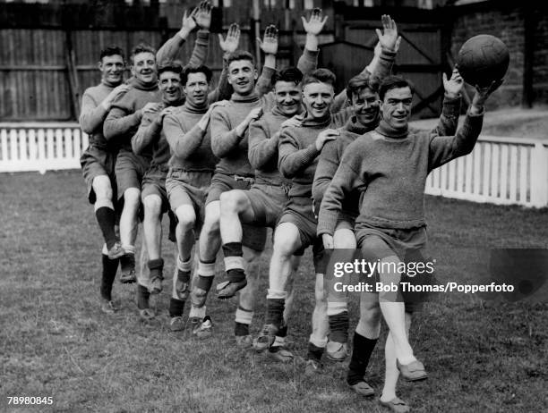 August 1928, New Brighton footballers in high spirits at the 1st day of training at Sandheys Park, Wallasey, Left-right, Chambers, Carr, Wheywell,...