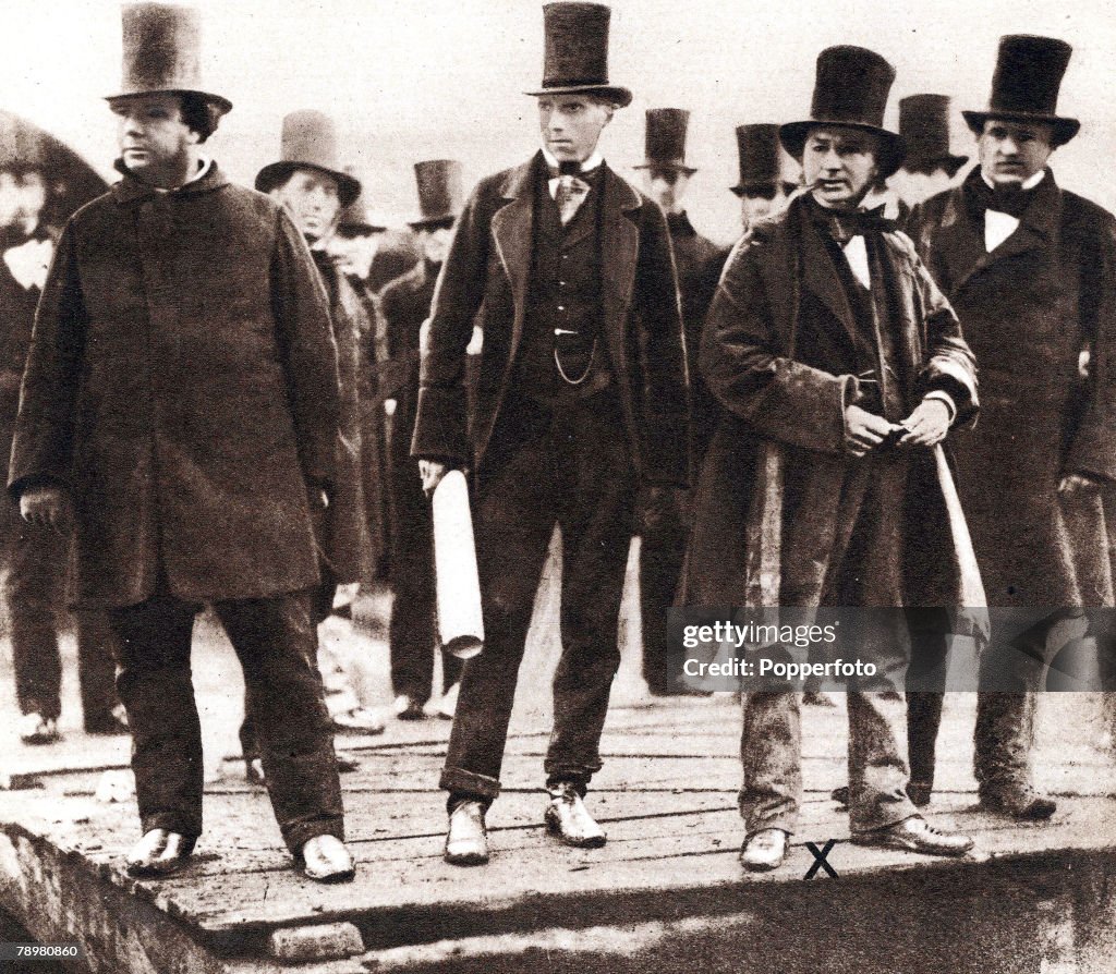 1856. Isambard Kingdom Brunel, a pioneer of transport sees his plan come true as he watches work on an early steamboat. He built the broad-gauge Great Western Railway in 1835, the Saltash Bridge and Clifton Suspension Bridge and, in 1838, the Great Wester