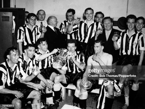 3rd May 1952, FA, Cup Final at Wembley, Newcastle United 1 v Arsenal 0, Newcastle United celebrating in the dressing room were Bobby Cowell, Joe...