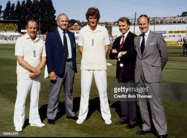 Sport, Cricket, May 1982, England fast bowler and captain Bob Willis, centre, with the England team selectors, left-right, Norman Gifford, Alec...