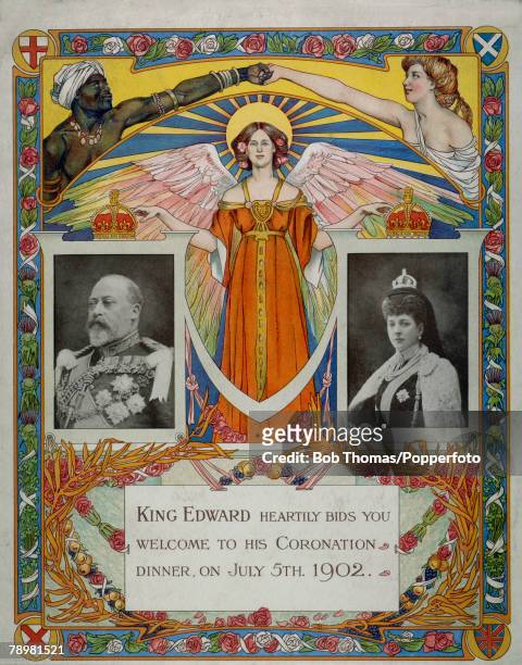 British Royalty, Illustration, Original menu cover from the Dinner held on July 5th 1902 to celebrate the Coronation of King Edward VII and Queen...