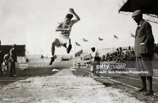 American athlete Robert LeGendre of the United States team competes in the long jump discipline of the Men's pentathlon event at the 1924 Summer...