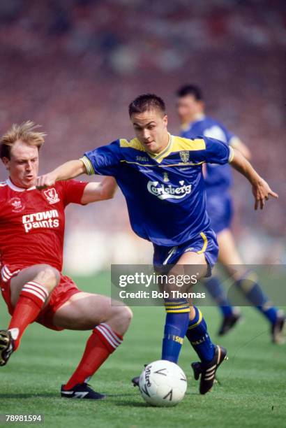 Sport, Football, 1988 FA Cup Final, Wembley, 14th May Wimbledon 1 v Liverpool 0, Wimbledon's Dennis Wise on the ball as Liverpool's Steve McMahon...