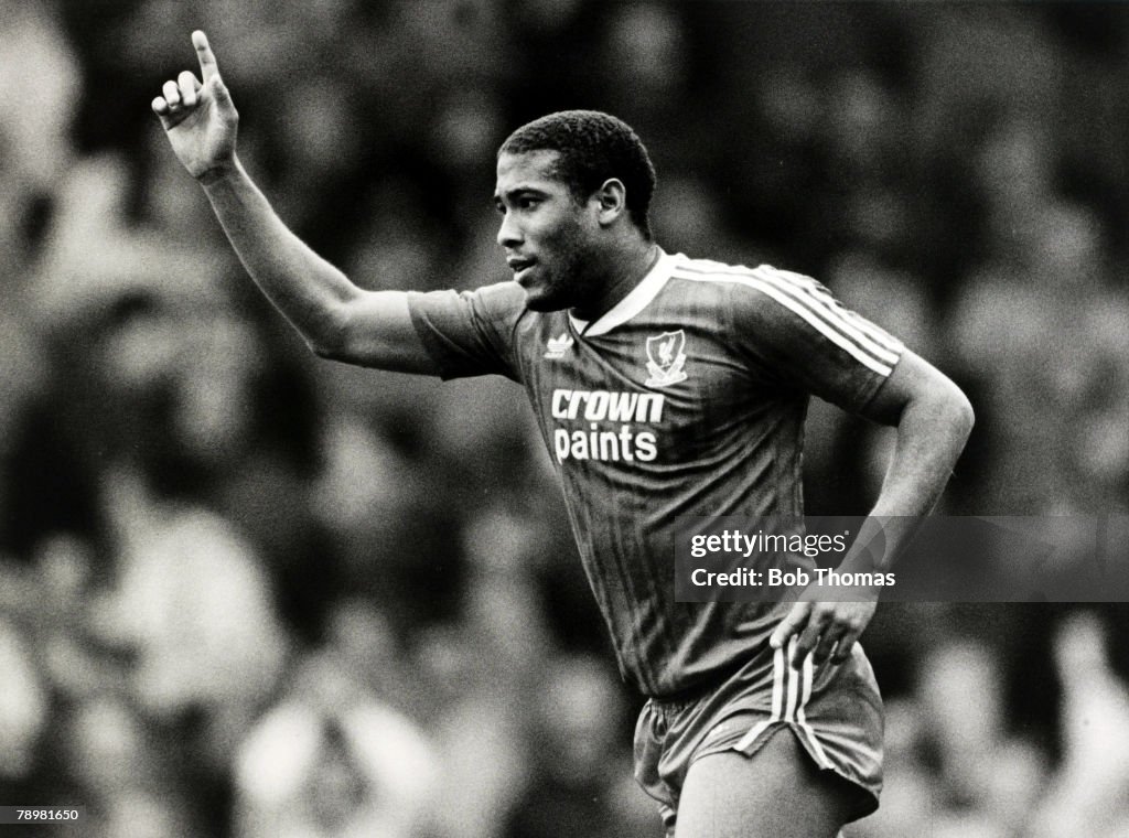 Sport. Football. pic: 26th March 1988. Division 1. Liverpool 2.v Wimbledon 1. Liverpool's John Barnes celebrates after scoring the 2nd goal. John Barnes played for Liverpool 1987-1997 and in his time at the club was voted Footballer of the Year, and won t