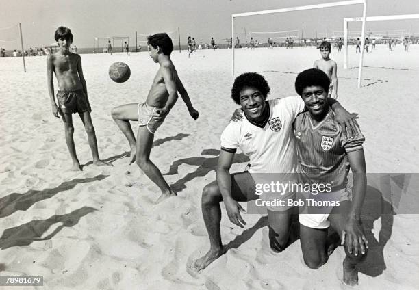 9th June 1984, 1984 England Tour to South America, England's John Barnes, left, and Mark Chamberlain on the famous Copacabana Beach in Rio de Janeira...