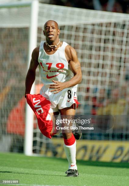 13th April 1997, Division 1, Arsenal v Bolton Wanderers, Arsenal striker Ian Wright celebrates after breaking the club's goal-scoring record , Ian...