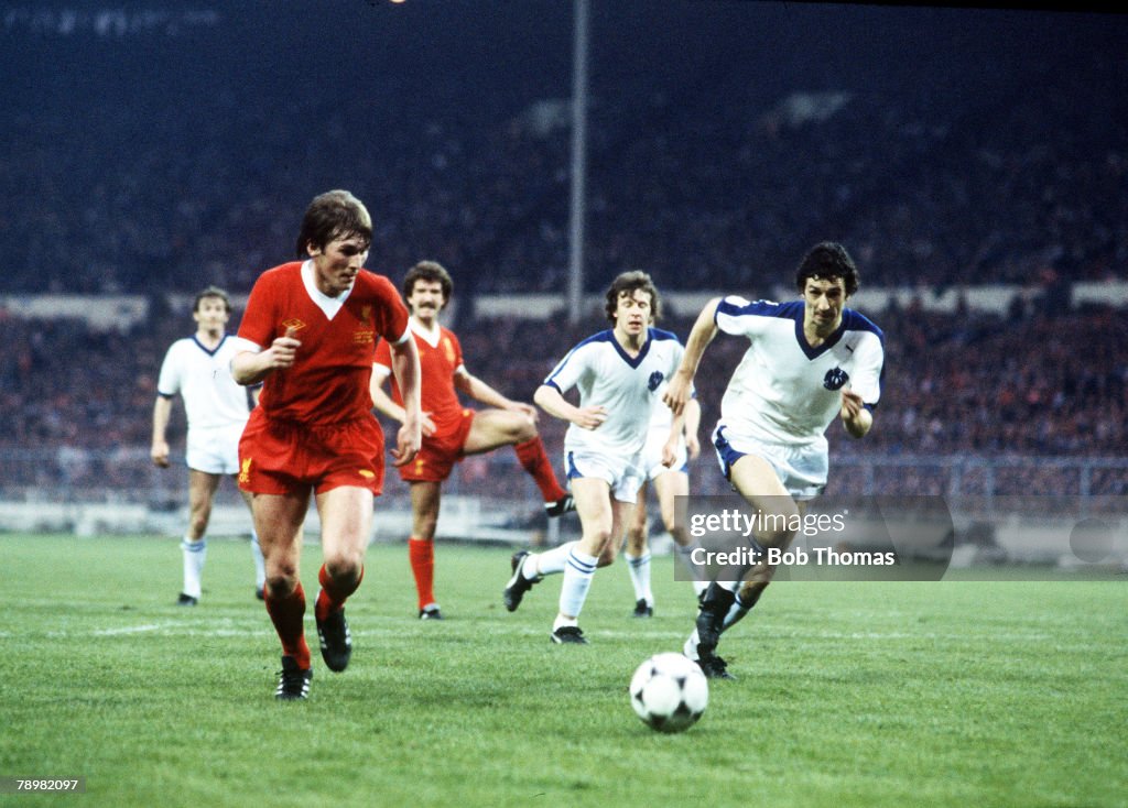 Sport. Football. pic: 1978. 1978 European Cup Final at Wembley. Liverpool 1. v Bruges 0. Liverpool's Kenny Dalglish races through to score the winner. Kenny Dalglish had a long career at Liverpool both as player and manager, 1977-1989, winning League, F.A