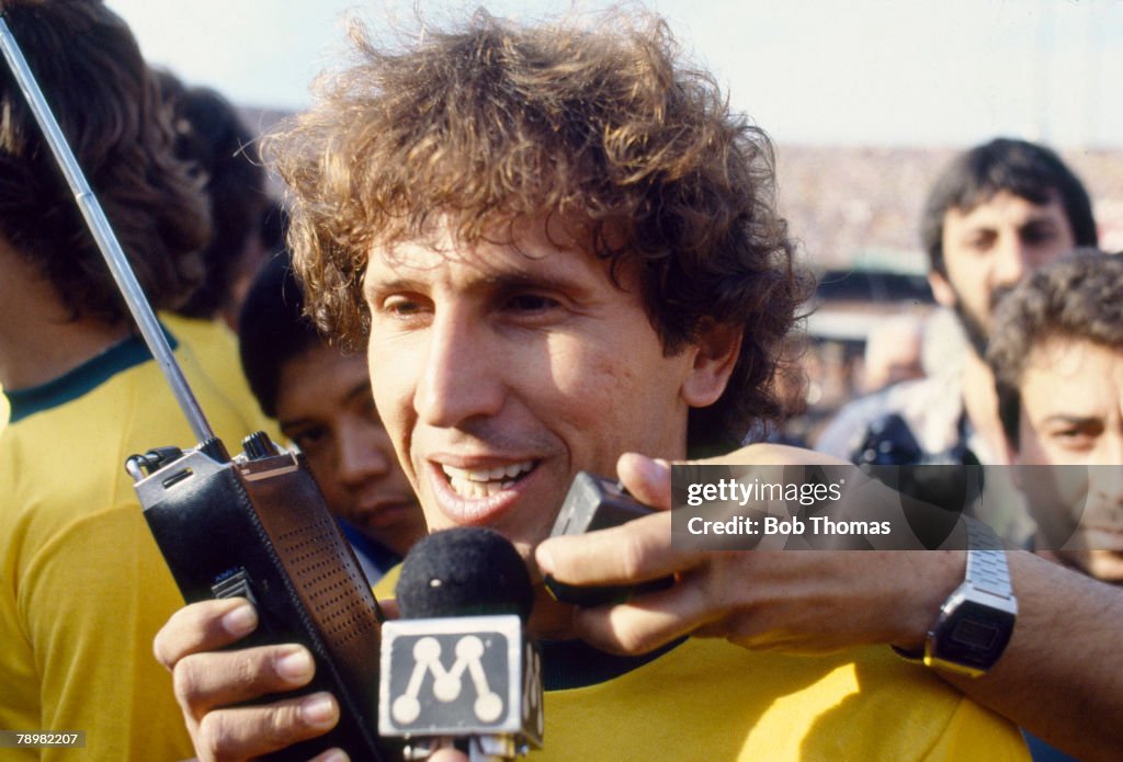 Sport. Football. pic: 30th June 1985. World Cup Qualifier in Sao Paulo. Brazil 1 v Bolivia 1. Brazil's Zico is interviewed before the match. Zico was one of Brazil's best players of the early 1980's, who won 71 international caps between 1976-1989 and rep