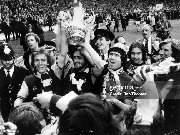 3rd May 1975, FA, Cup Final at Wembley, West Ham United 2 v Fulham 0, West Ham United trio left-right, Billy Jennings, Billy Bonds, and Bobby Gould...