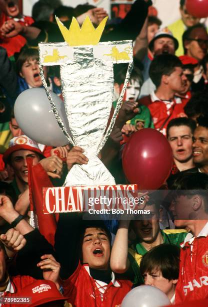 3rd May 1993, Premier League, Manchester United 3, v Blackburn Rovers 1, Manchester United fans with a Premier League trophy replica as they...