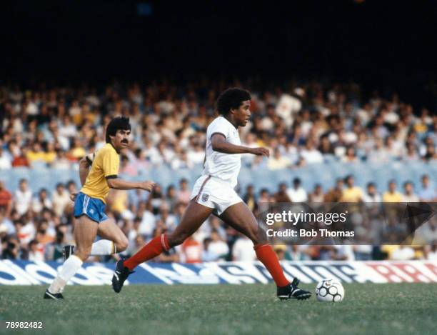 10th June 1984, England Tour of South America, Brazil 0 v England 2 in Rio de Janeiro, England's John Barnes moves forward with the ball as Brazil...