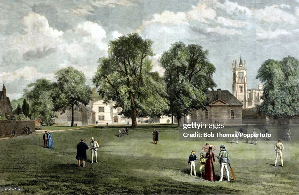Education. pic: circa 1865. An illustration from The Illustrated London News. This colour illustration shows Winchester College taken from The Meads.