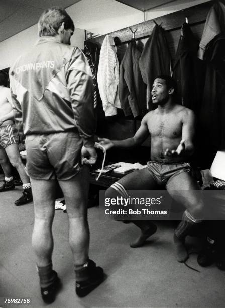 24th November 1987, Division 1, Liverpool 4, v Watford 0, Liverpool's John Barnes talking to Manager Kenny Dalglish in the dressing room before the...