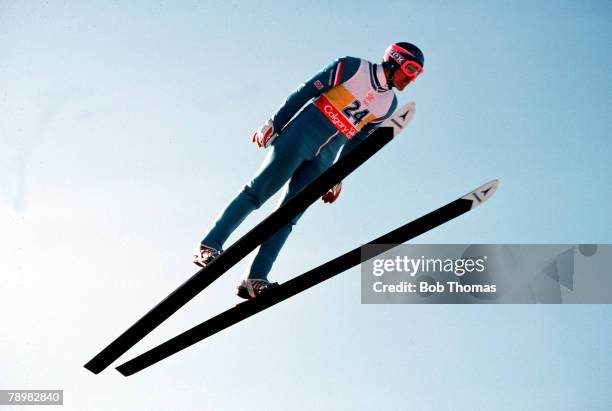 Ski-Jump, 23rd February 1988, Great Britain's Eddie the "Eagle" Edwards is pictured in mid-flight at the 1988 Winter Olympic Games in Calgary, Canada.