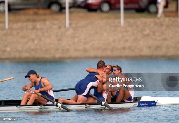 Olympic Games, Sydney, Australia, Rowing, Men's Coxless Fours Final, 23rd September Steven Redgrave is hugged by Matthew Pinsent as the Great Britain...