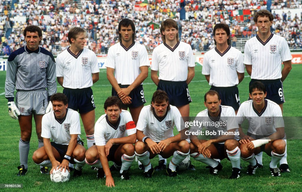 Sport. Football. pic: 3rd June 1986. 1986 World Cup Finals. Mexico. Portugal 1. v England 0. in Monterrey. England team, back row, left-right, Peter Shilton, Gary Stevens, Mark Hateley, Chris Waddle, Terry Fenwick, Terry Butcher. Front row, left-right, Ke